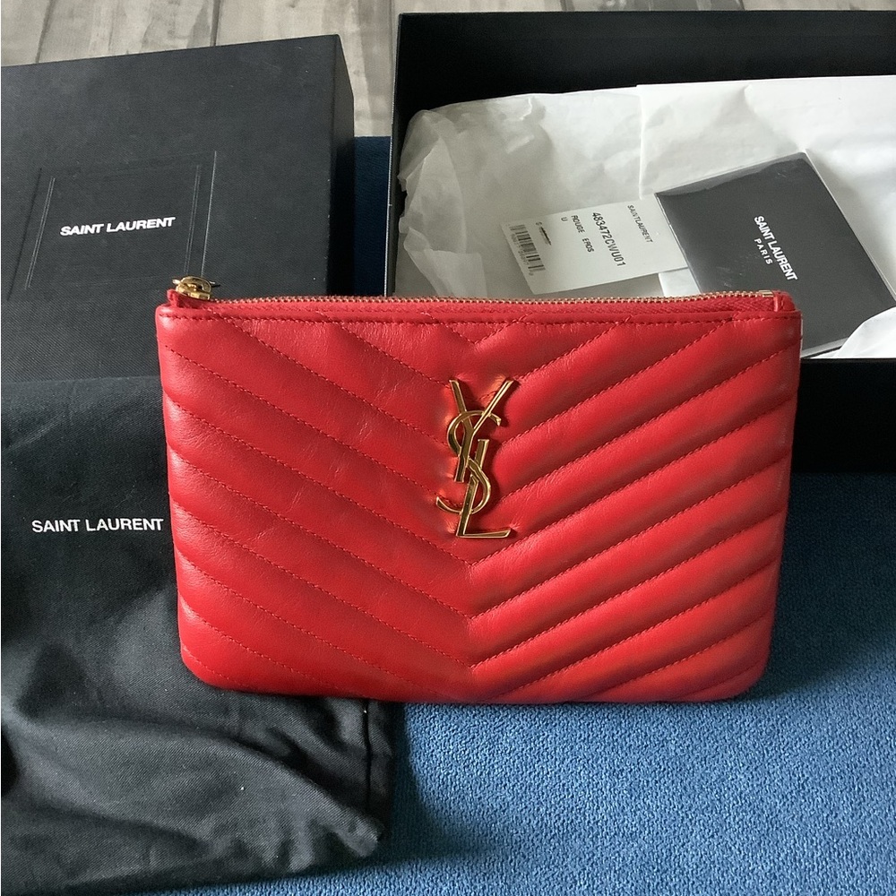 Yves Saint Laurent Red Clutch with Gold Logo